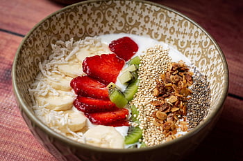 ciotola di yogurt, ciotola per la colazione, colazione salutare, dolce, prima colazione, naturale, salutare, Yogurt, latte, banane, legna