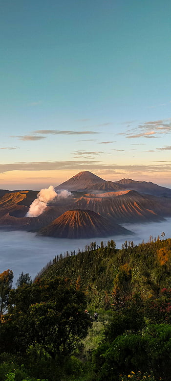 kiinnitä bromi, Indonesia, metsä, tulivuoret, ilmakuva, rehevä vihreys, auringonnousu, pilviä, upea maisema, luonnollinen kauneus, matkakohde