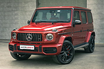 Červený Mercedes Benz, g třída, Luxusní SUV, červené SUV, Venkovní parkování, Mercedes styl, špičkové vozidlo, Mercedes Benz g, červený Mercedes, luxusní auto, Stylové SUV