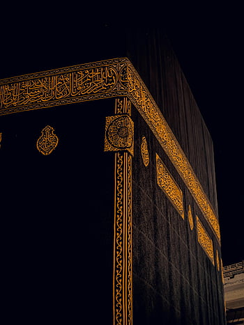 kaaba, mecca, Saudská arábie, detail, Složité zlaté vzory, noc, islámské architektury, svaté místo, náboženský orientační bod, černé látky, Zlaté výšivky