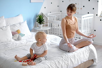 mother, yoga, child, baby, bedroom, relaxed, exercise, family, female, fun, woman