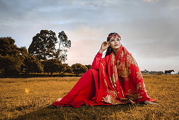kvinde, solnedgang, kostume, eng, græs, Chiffon stof, national, vietnam, vietnamesisk, hanoi, gamle kostume
