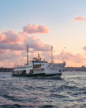 traghetto bianco, bosphorus, Istanbul, tramonto, traghetto passeggeri, oceano, Sfondo sbalorditivo, andare in barca, mare, nave, acqua