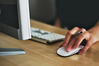 jablko kouzelná myš, bezdrátová myš, moderní stůl, počítač, klávesnice, ruka pomocí myši, kancelářský prostor, lavice, technologie, ergonomická myš, počítačové periferie