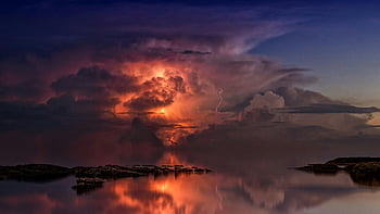 apus de soare, Peisajul Stormy, fulger viu, apele calme, reflecție de nori, dramatic cer, frumusete naturala, Peisaj senin, Scena de seară, Fotografie atmosferică, reflectarea apei