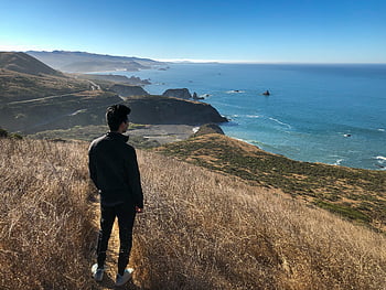 person, silhouette, mountain, man, male, view, sky, nature, landscape, hike, wanderlust