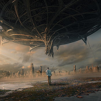 ufo, man, fantasy, ruins, city, alone, spaceship, extraterrestrial, fog, haze, surrealism
