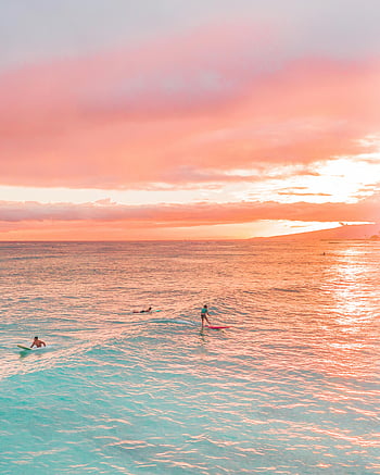 Surfen, Surfer, Ozean Wellen, rosa Sonnenuntergang, Sonnenuntergangsurfen, Ozeanlandschaft, Strandaktivitäten, Wassersport, Sonnenuntergangswellen, Surfbrett, Ozean Sonnenuntergang