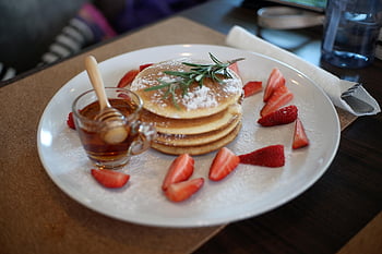 breakfast, pancake, pancakes, food, delicious, plate, sweet, crepe, tasty, fruit, honey
