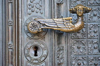 Zamykání dveří zdobené, antický, mosaz, detail, dekorace, design, dveře, kliku, klíčová dírka, zámek, kov