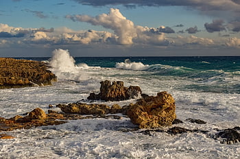 morze, fale, plaża, skaliste wybrzeże, Natura, niebo, chmury, horyzont, wietrzny, krajobraz, ayia napa
