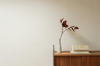 keramische vaas, boeken, houten tafel, minimalistisch interieur, gedroogde bladeren, interieur ontwerp, huisdecoratie, Eenvoudig decor, moderne inrichting, witte vaas, stapel boeken