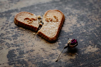 dry rose flower, broken heart-shaped cookie, love, heartbreak, symbolizes love, heart-shaped cookie, dry rose, broken heart, romantic, emotional, heart-shaped