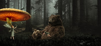 fantasy, forest, bear, elf, mushroom, mood, fairy Tale, secret, nature, romantic, composing