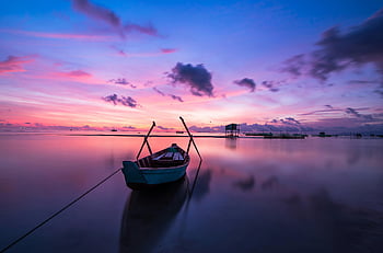 blue and white boat, body of water, sunset, calm water, fishing boat, tranquil scene, colorful sky, reflection, peaceful, seaside, evening