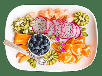fruits slices, platter, vibrant tropical fruit, dragon fruit, kiwi, blueberries, oranges, overhead shot, fresh fruit, healthy eating, fruit arrangement