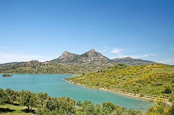 Espanha, Andaluzia, Província de Cádiz, Reservatório Zahara-El Gastor, reservatório, zahara de la sierra, El Gasto, agua, panorama, montanhas, Colina