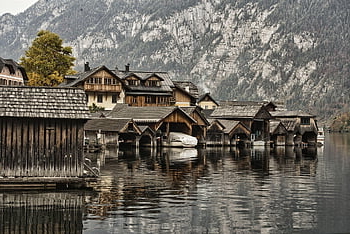 hallstatt, austria, lake, water, nature, landscape, city, sunset, mountain, boat Houses, tree