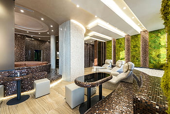 modern luxury spa, loungers, bathtubs, mosaic tiles, greenery, contemporary design, spa zone, interior design, relaxation area, spa features, luxury spa