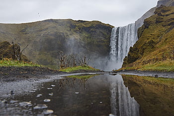 wodospad, rzeka, seljalandsfoss, Islandia, Klif, spada, Góra, odbicie, woda, strumień, zatoczka