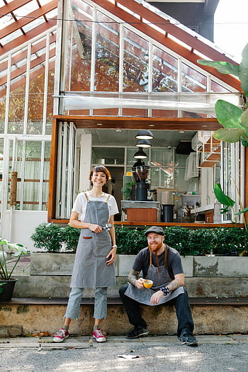 baristas, moderní kavárna, veselý, Uvítací atmosféra, ulice, jídelna, kolegy, mimo, kavárna, moderní design, rostlin