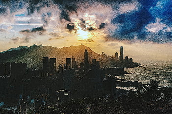 Hong Kong Island, sunset skyline, vibrant colors, sea view, dramatic sunset, city near ocean, bird's eye view, urban landscape, Hong Kong, sunset cityscape, ocean view
