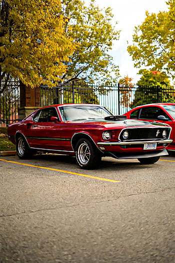 red vintage Ford Mustang, muscle car, autumn, parked, lot, classic car, red car, vintage car, Ford Mustang, car design, fall season