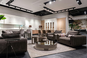 Elegantní nábytek, Moderní obchod, Současný obývací pokoj, pohovky, výzdoba, Prostorný pokoj, Stylový interiér, obývací pokoj nábytek, moderní dekor, Elegantní výzdoba, Současný nábytek