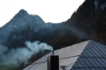 mountains, nature, chimney, smoke, housetop