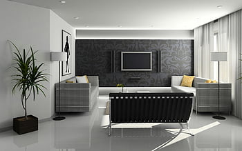 flatscreen monitor, muur gemonteerde tv, minimalistische woonkamer, monochrome decor, Moderne bank set, slank interieurontwerp, eigentijdse leefruimte, zwart -wit thema, woonkamer meubels, kamerplant, moderne inrichting