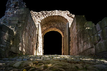 zeď, brána, klenutý vchod, dřevěné dveře, architektura, hrad, budova, vchod, luk, starý, zřícenina