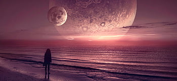 fantasy, beach, planet, girl, light, mysterious, mood, moon, dream, clouds, landscape