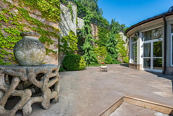 outdoor terrace, stone decor, climbing plants, lush greenery, daylight scene, charming terrace, house terrace, green plants, daytime terrace, stone table, terrace design