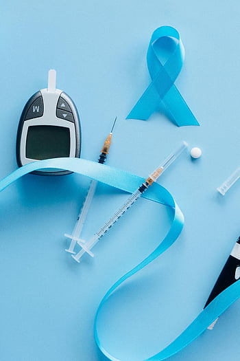 meteran gula darah, jarum suntik, pita biru, Kesadaran diabetes, meteran glukosa, berbaring datar, peralatan medis, kesehatan, Manajemen Diabetes, Injeksi insulin, simbol kesehatan