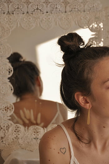 heart shaped tattoo, shoulder tattoo, lace mirror, delicate tattoo, earring, young woman, graceful woman, reflection, heart tattoo, shoulder, delicate earring
