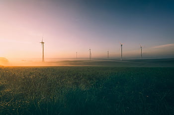 Sonnenaufgang, Windmühlen, Windräder, Dämmerung, Sonnenuntergang, Natur, Dunst, Landschaft, Windenergie, Energiewende, Umgebung