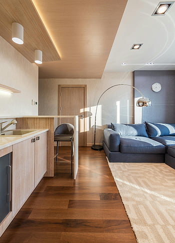 moderní byt, kuchyně, obývací pokoj, moderní, otevřená kuchyně, moderní dekor, dostatek osvětlení, dřevěná podlaha, minimalistický design, Vzhled interiéru, Barová židle