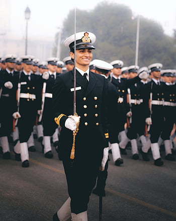 Indian naval personnel, ceremonial uniforms, Republic Day parade, marching precision, street parade, military parade, uniformed men, ceremonial march, naval parade, black uniform, white gloves