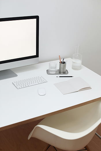 modern computer, minimalist office, clean desk, blank monitor, workspace, white table, office setup, computer monitor, keyboard, mouse, office chair