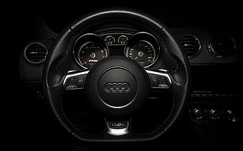 audi, kormánykerék, Irányítópult, luxus design, közelkép, autó belső, Audi logó, járművezérlő, high-end autó, autóipari tervezés, fekete kormánykerék