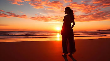 ocean, woman On Beach, woman, model, outdoors, nature, sunset, sea, landscape, sky, beach