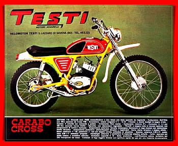 Testi Carabo, sepeda motor silang, sepeda motor vintage, Model 1972, Sepeda off-road, Mesin minarelli, Sepeda Motor Italia, sepeda klasik, Testi motori, Sepeda Motor Retro, poster iklan