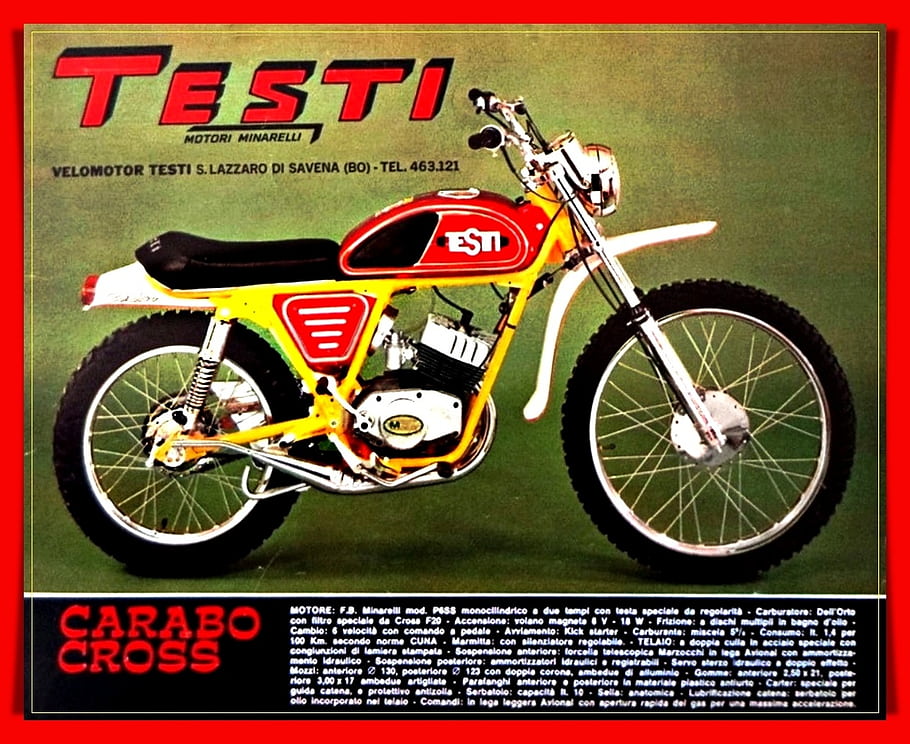 Testi Carabo, Cross motorcycle, vintage motorbike, 1972 model, off-road bike, Minarelli engine, Italian motorcycle, classic bike, Testi Motori, retro motorcycle, advertising poster