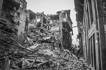 earthquake aftermath, Bhaktapur Nepal, wrecked buildings, rubble destruction, human resilience, post-earthquake scene, disaster recovery, collapsed structures, people observing, urban devastation, resilience in disaster