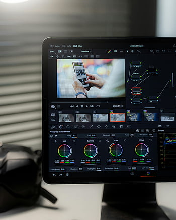 obrazovka monitoru, software pro úpravu videa, detailní záběr, počítačový monitor, Úpravy rozhraní, barevná kola, Časová osa, Úpravy projektu, video produkce, displej softwaru, Úpravy nástrojů