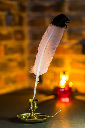 white quill, brass stand, vintage backdrop, classic quill pen, historical themes, warm lighting, feather pen, antique writing, close-up shot, candlelight, brick wall
