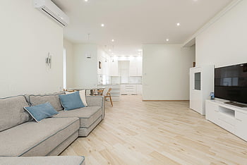 modern apartman, lágy kanapé, tévé, tágas nappali, elegáns bútor, fényes világítás, fapadló, kortárs design, nyitott elrendezés, minimalista dekoráció, fehér belső