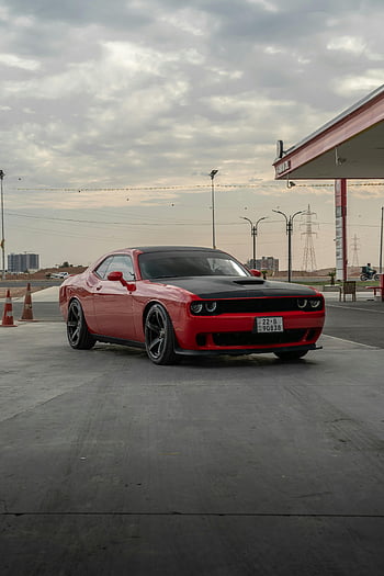Red Dodge Challenger, Erbil Gas Station, dynamic view, parked car, gas station, Erbil Iraq, red car, Dodge Challenger, vehicle, automotive, gas pump