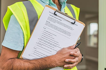 ispettore domestico, giubbotto di sicurezza riflettente giallo, penna, lista di controllo, ispezione di casa, appunti, avvicinamento, giubotto di salvataggio, Ispezione a casa, ispettore