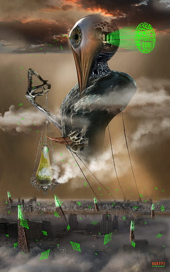 epidemic, QR code, surrealism, modern art, bizarre art, dystopian, bird-like creature, cityscape, apocalyptic, green light, chains